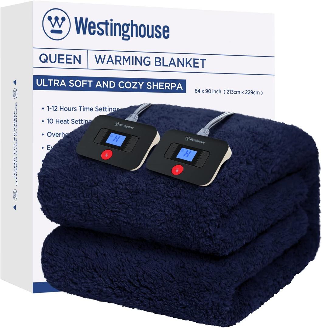 Westinghouse Electric Blanket Queen Size, Soft Plush Sherpa Heated Blanket with 10 Heating Levels & 1-12 Hours Auto-Off, Machine Washable, 84x90 inches, Navy