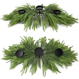 Norfolk Christmas Table Centerpiece With3 Candle Holders Norfolk Pine Tabletop Needle Decoration for Holiday Dining Table Center Kitchen Cabinet Fireplace Home Indoor Decor
