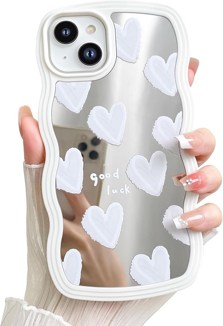 LSL Case for iPhone 14 Plus Glossy Mirror White Hearts Pattern | Protective Cover Slim Lightweight Trendy Design for Women & Girls Curly Wave Edge