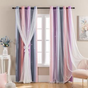 XiDi Dream Star Blackout Curtains for Kids Rooms Girl Princess Curtain for Daughter Bedroom Window (Grey Pink Purple, W52 X L72)