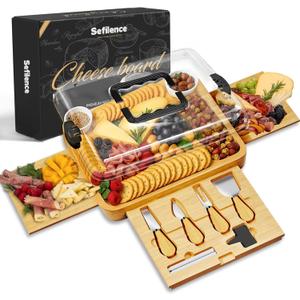 Charcuterie Boards Set with Lid, Bamboo Cheese Board with Handle, Cheese Plate Gifts Set with 3 Hidden Drawers for Housewarming New Home (3 Drawers Black)