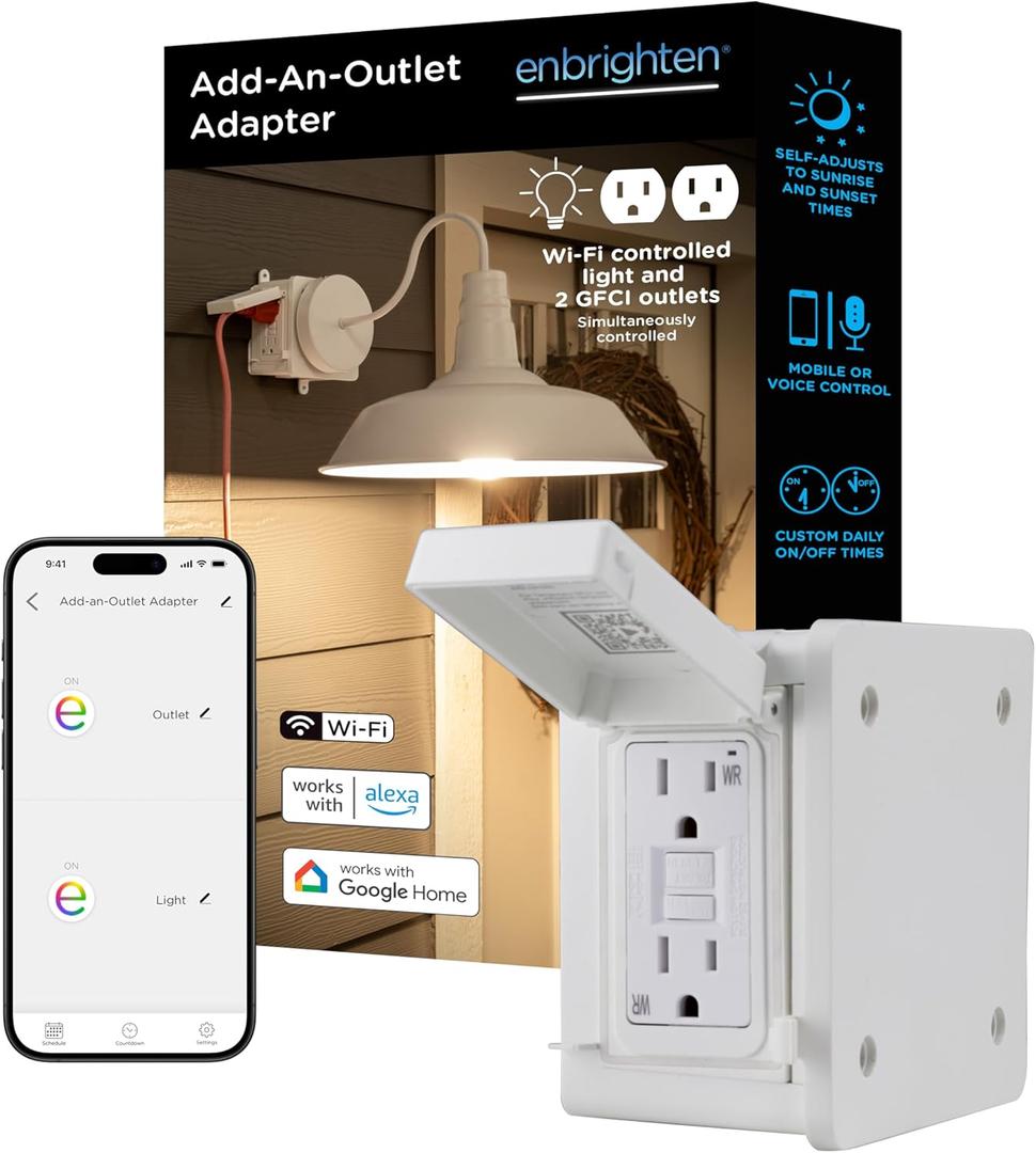 Enbrighten Vibe Add-an-Outlet Light Adapter, Smart Outdoor Outlet with Two GFCI Outlets for Porch Lights, Security Cameras, Direct Wire, Compatible with Alexa, Google Assistant, White, 80750