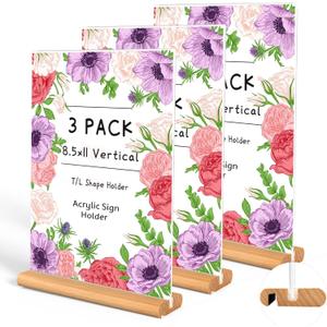 trophable Acrylic Sign Holder, L/T Shape Clear Acrylic Frames Wood Base Table Menu Display Stand for Office School Restaurant (Clear 8.5x11 inch 3Pack )