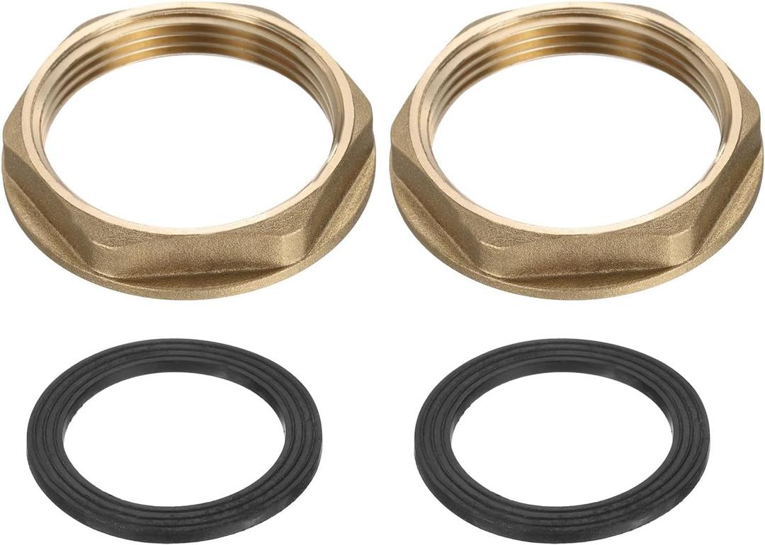 uxcell 2Pcs Brass Lock Nuts Pipe Fitting, G1-1/2" Female Hex Locknut, Flange Single Hole Faucet Lock Nut with Silicone Washer for Kitchen Basin Sink Plumbing