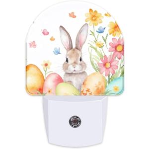 Easter Bunny Floral Eggs Night Light, Dusk-to-Dawn Auto Sensor Easter Rabbit Plug in Night Light for Kids,0.5W Energy Saving LED Night Lights for Bedroom/Bathroom, Ideal Gifts for Women Men