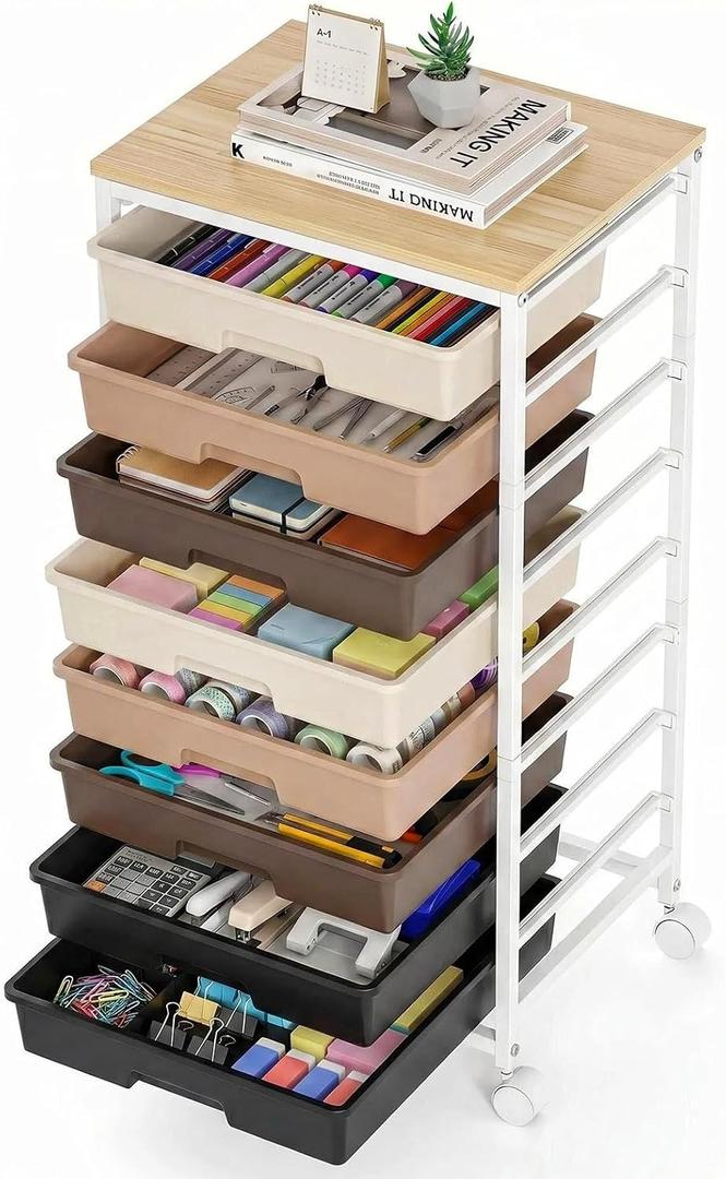 8 Drawer Rolling Storage Cart with Wooden Tabletop, Plastic Drawer Organizer Cart with Lockable Wheels, Mobile Utility Cart for Home, Office, Classroom, Craft Room, Dorm & Bathroom, 13"D x 16"W x 32"H