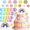34Pcs Rainbow Cake Topper Groovy Birthday Party Decorations Boho Rainbow Balls Cake Decorations Daisy Flower Bridal Shower Retro Hippie Party Supplies (Colorful)