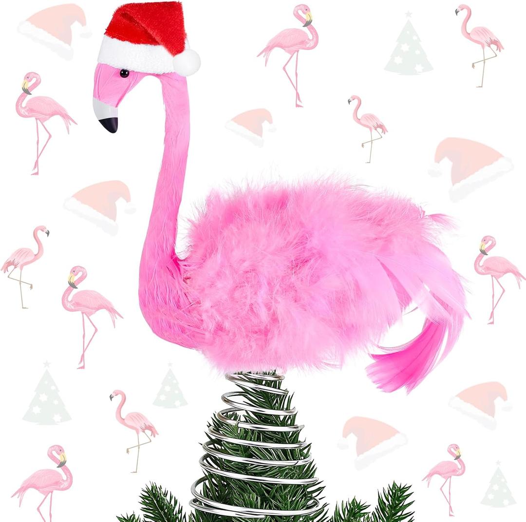 Flamingo Christmas Tree Topper 10.2 Inch Pink Tree Topper with Christmas Hat Fluffy Artificial Feathers for Indoor Outdoor Xmas New Year Home Holiday Ornament