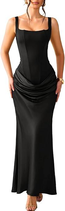 Kaei&Shi Corset Long Dresses,Lace Up Back Satin Mermaid Prom Dress,Women Formal Gowns Bridesmaid Wedding Guest, Black Small