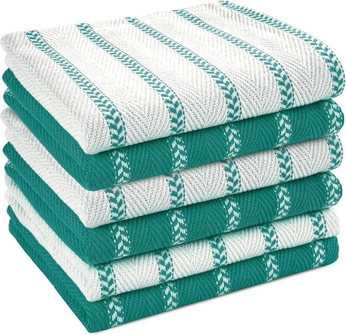 LANE LINEN Premium Cotton Kitchen Dish Towels - 6 Pack Soft Absorbent Dish Cloths, Multi Purpose Cleaning Cloths, 12"x12", Reusable Kitchen Rags - Peacock Blue - Herringbone