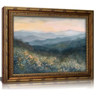 Vintage Gold Framed Wall Art Misty Blue Ridge Mountains Floral Painting Canvas Prints Mountains Wildflower Landscape Natural Poster Picture Artwork for Living Room Bedroom Wall Decor, Size: 24"L x 16"W