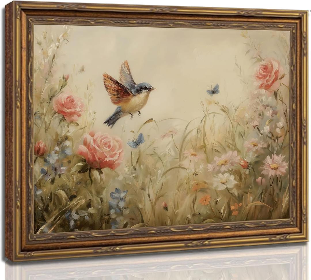 Framed Vintage Floral Bird Canvas Wall Art Rustic Cottagecore Rose Floral Sparrow Painting Picture Wall Decor Poster Print Artwork for Bedroom Living Room Home Decoration (24"L x 16"W)
