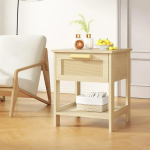 AWQM Rattan Nightstand, Rattan End Table, Side Table with Rattan Drawer and Opening Shelf, Wood Accent Table with Storage, Natural Bedside Table, Suitable for Bedroom, Living Room (1PCS)