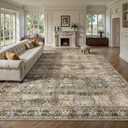 8x10 Area Rugs for Living Room - Washable Vintage Retro Large Rug, Soft Ultra Thin Non Slip Low Pile Traditional Distressed Boho Carpet for Bedroom Dining Room Home Office, Charcoal Olive