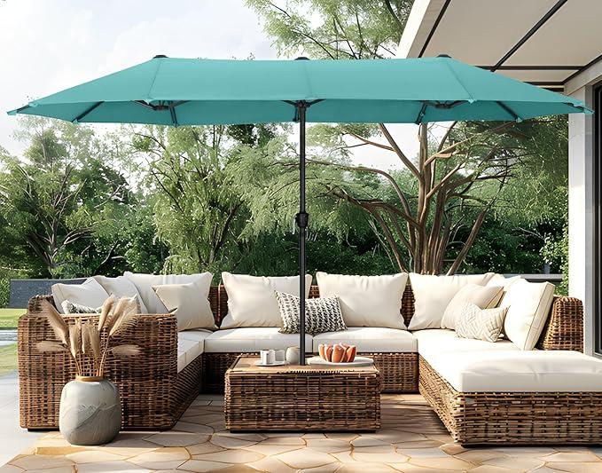 PHI VILLA 13ft Large Patio Umbrellas, Double-Sided Outdoor Market Rectangle Umbrella for Outside, Mint Green