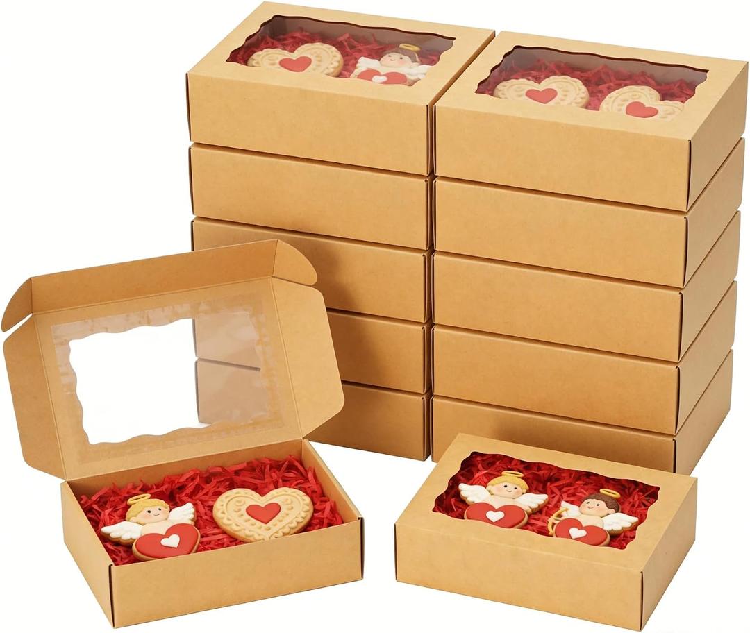 50pcs Cookie Boxes with Window 7x4.375x1.5 Inches Bakery Boxes Treat Box Chocolate Covered Strawberries Box for Christmas Valentine's Day Mother's Day - Brown