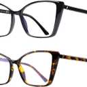 2 Pack Blue Light Blocking Glasses for Women, Oversized Trendy Cat Eye Computer Gaming Glasses Anti Glare & UV Glare RF6204 (Black + Coco Tortoise Cateye Frame)
