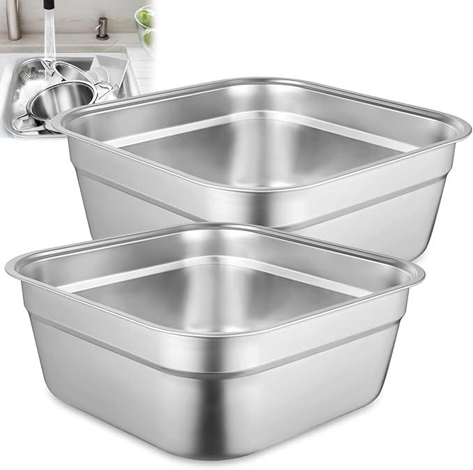 yeesport 2 Pcs Washing Up Bowls, Multi-Purpose Stainless Steel Dish Tubs for Sink, Large Square Containers for Kitchen, Vegetable Washing Basins, Sturdy Dishpans for Home