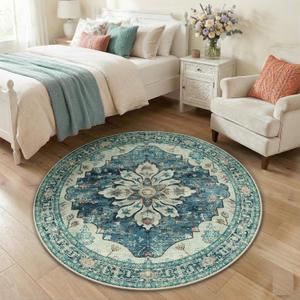 RELEANY Washable Area Rug, Round 4ft, Blue/Vintage Dark Blue | Non-Slip, Water Repellent, Pet Friendly, Easy to Clean, Vintage Floral Boho Decor for Living Room Bedroom Dining Room Entry
