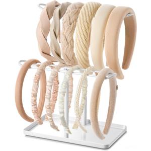Headband Holder Organizer, 2-Tier T-bar Storage Stand with Tray for Hair Accessories Hairband Hair Clip, for Girls Women, White