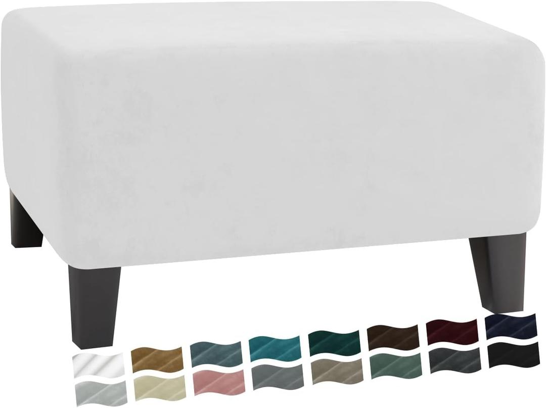 MAXIJIN Velvet Ottoman Slipcover Small Stretch Square Rectangle Footstool Slipcover Folding Storage Ottoman Covers for Living Room with Elastic Bottom (Ottoman Small, White)