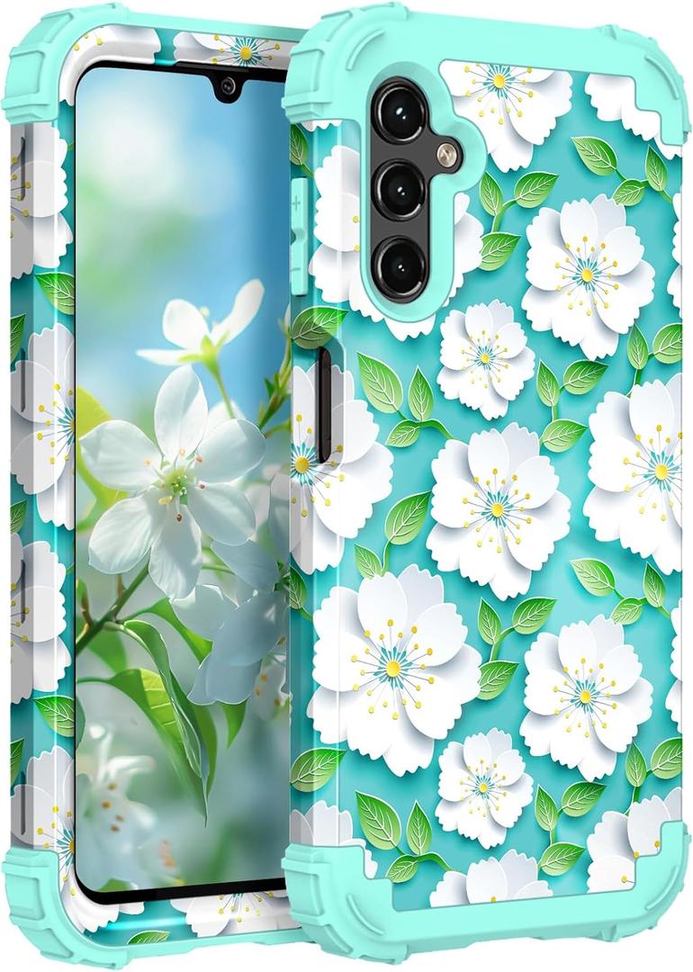 Hocase for Galaxy A15 5G Case, Heavy Duty Shockproof Protection Soft Silicone Rubber Bumper+Hard Plastic Hybrid Protective Case for Samsung Galaxy A15 5G (6.5") 2024 - White Flowers in Teal