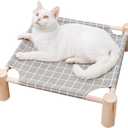 Pozico Elevated Cat Bed for Small Dogs & Cats  Raised Pet Hammock Bed, Wooden Frame Indoor Outdoor Dog Cot, Breathable Mesh Puppy Bed, Portable Cat Lounger  Grey Grid