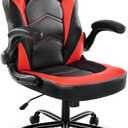 DUMOS Ergonomic Computer Gaming Chair - Home Office Desk with PU Leather Lumbar Support, Height Adjustable Big and Tall Video Game with Flip-up Armrest, Swivel Wheels for Adults and Teens (Red)