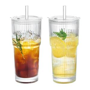Puraville 2 Pack 20oz Glass Cups with Lids and Straws, Vintage Ribbed Glassware for Whiskey Cocktail Beer, Mason Jar Drinking Glasses Tumbler Iced Coffee Cup