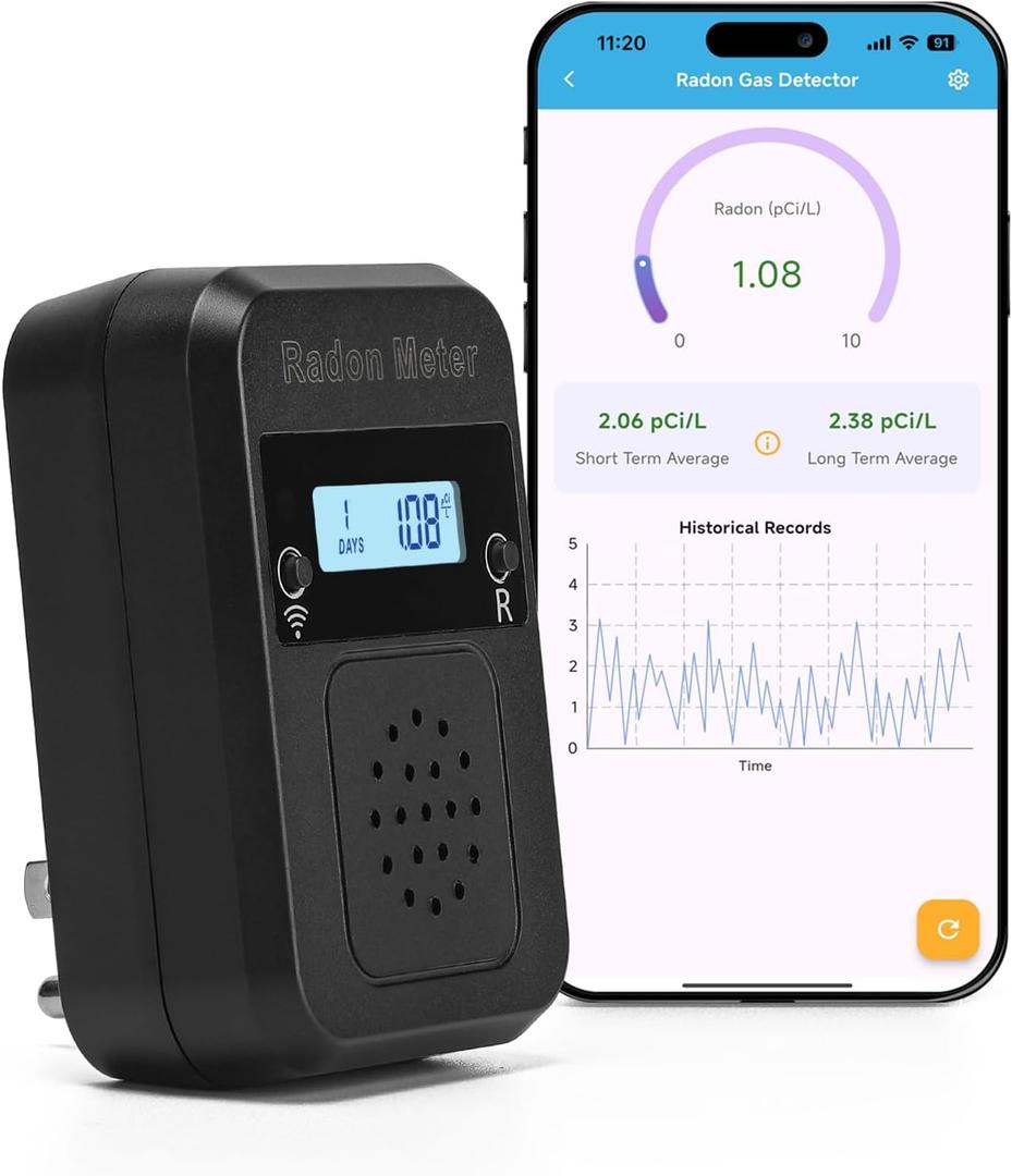 WiFi Home Radon Detector, Portable Radon Meter with Real-Time Short & Long-Term Monitoring, Plug-in Design, Instant Alerts & App Control