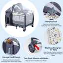 4 in 1 Pack and Play,Portable Nursery Center Baby Playard with Bassinet &Changing Table,Foldable Baby Crib Travel Playpen with Wheels,Removable Canopy with Toys,Storage Bag (Grey)