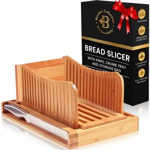Bread Slicer for Homemade Bread - Adjustable Bamboo Bread Cutter with Knife, Foldable Slicing Guide & Crumb Tray - Bread Loaf Slicer for Sourdough, Cakes, Bagels, Loaves - Kitchen Baking Tool & Gift