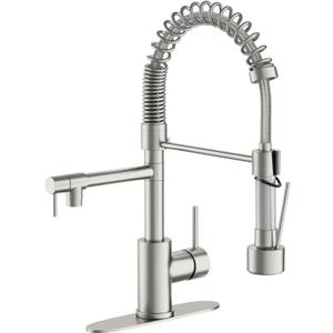 Dual Spout Kitchen Faucet with Pull Down Sprayer, Brushed Nickel Stainless Steel Commercial Sink Faucet with Pot Filler, Single Handle, 1 or 3 Hole Install, for Farmhouse RV Laundry Utility Wet Bar