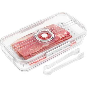 Tellshun Bacon Storage Container with Air-sealed Tight Lid for Fridge Bacon Holder Deli Meat Cheese Keeper with Food Serving Tongs and Drain Plate for Refrigerator