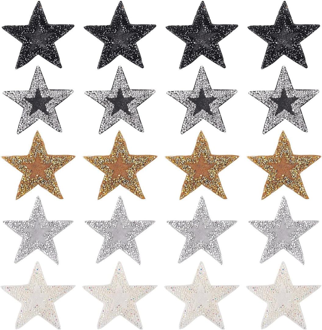 FINGERINSPIRE Set of 20 Five-Pointed Star Rhinestone Patches (5 Colors: Gold/Silver/Black/White/Silver Add Black) Crystal Iron/Sew on Hot Melt Adhesive Decoration Patches Appliques for Clothing Repair