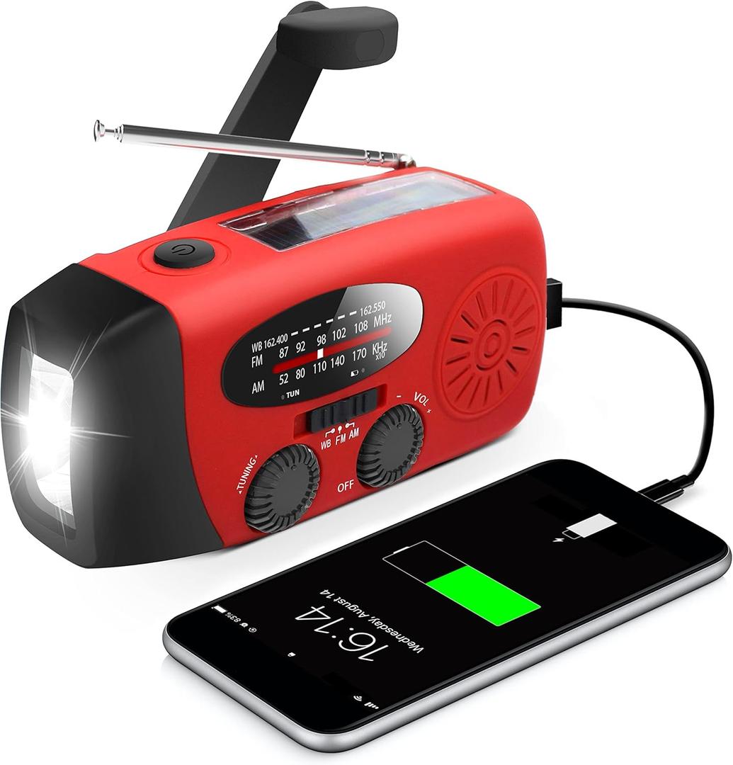 Emergency Hand Crank Radio with LED Flashlight for Emergency, AM/FM NOAA Portable Weather Radio with 2000mAh Power Bank Phone Charger, USB Charged & Solar Power for Camping, Emergency (Red)