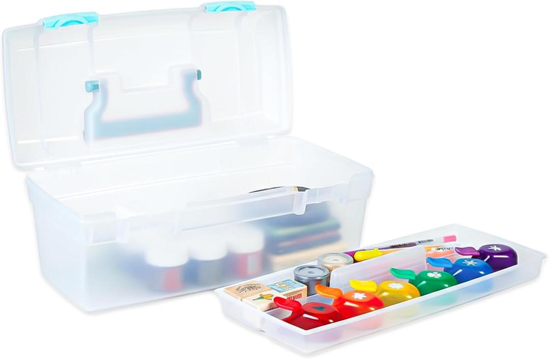 ArtBin 6937AG Essentials Lift-Out Tray Box, Portable Art & Craft Organizer with Handle and Tray, Clear/Aqua (Aqua Mist Latches)