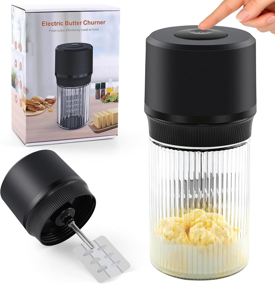 IFOLO Electric Butter Churn One-Touch Butter Maker in 510 Mins, 34oz Glass Jar with High-Speed Brushless Motor, High-Speed Mixing for Creamy Results