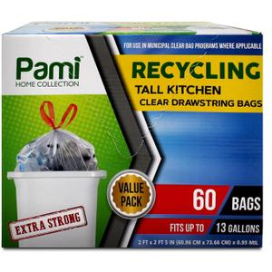 PAMI Recycling Tall 13-Gallon Kitchen Drawstring Trash Bags- Extra-Strong Plastic Garbage Bags [Clear 60 Pack]- Thick Trash Can Liners For Kitchen & Outdoor Bins- 2ft x2ft Unscented Trash Bags