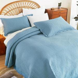 Cmfshape 100% Cotton Quilts California King Size-114"x102" Bedspread Set Blue-Plaid Pattern Bedding 3 Pieces-Pre-Washed Lightweight Coverlet-Suitable for Bed,Couch All Seasons