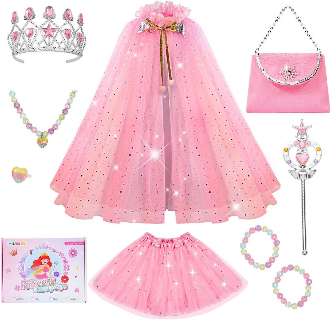 Meland Princess Dress up Clothes for Girl, Princess Cape with Kid Crown Toys, Birthday Gifts for Toddler Girls 3,4,5,6,7,8 (Pink)