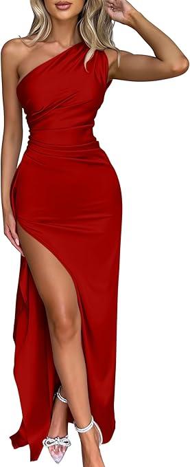Memoriesea Women's Sexy One Shoulder High Split Cocktail Wedding Party Maxi Dress (Medium, Red)