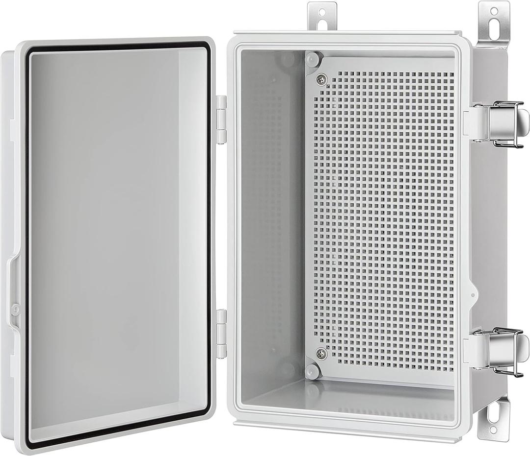 Junction Box, IP67 Waterproof Plastic Enclosure for Electrical Project, Hinged Grey Cover, Includes Mounting Plate and Wall Bracket (Grey Cover, 11.4"7.5"5.5")