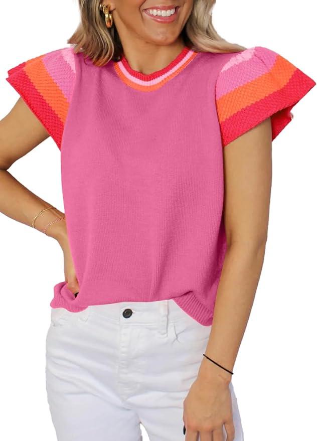SHEWIN Womens Summer Cap Sleeve Tops Casual Crewneck Loose Fit Knit Lightweight Sweater Pullover Top S