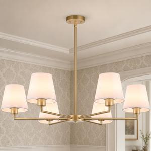 Brass Gold Chandeliers for Dining Room, 36" 6 Light No Assembly Required Antique Modern Gold Chandelier Light Fixture with White Fabric Shade, Classic Kitchen Pendant Lights over Table for Bedroom