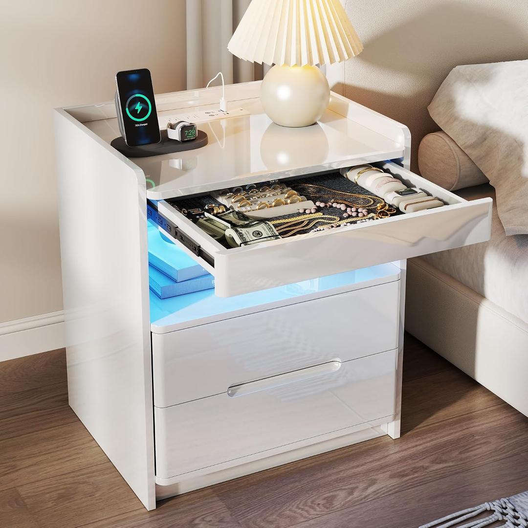 Vlsrka LED Nightstand with Charging Station, Card Lock Hidden Drawer, White, 20" W x 15.7" D x 23.6" H