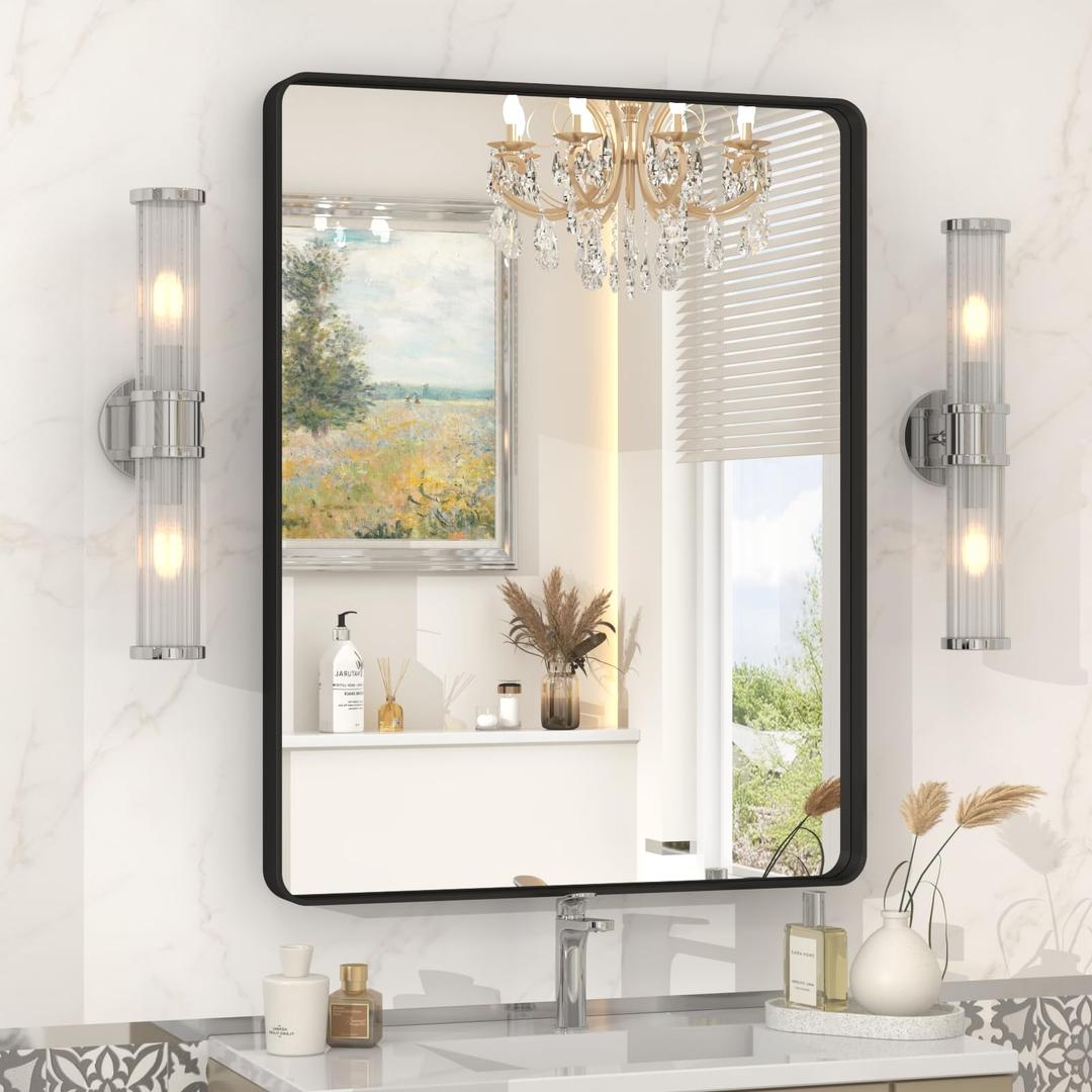 VANLIO 22x30 Inch Black Metal Framed Mirror for Bathroom, Matte Black Vanity Mirror, Rounded Rectangle Bathroom Mirror, Anti-Rust, Shatterproof (Horizontal/Vertical) 30"L x 22"W, Black