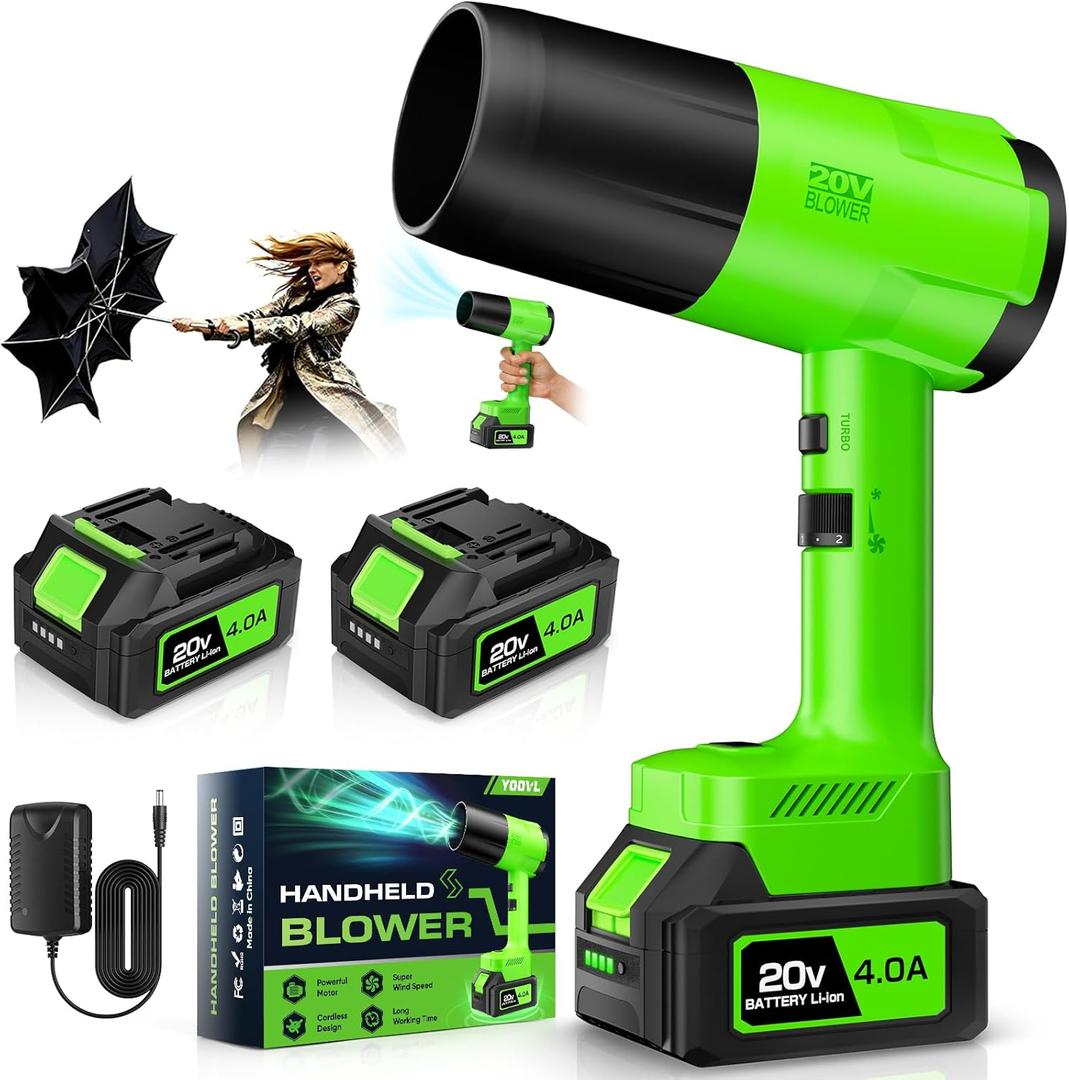 Leaf Blower Cordless, Handheld Leaf Blower with 2 X 4.0Ah Battery and Charger, Snow Blower with 6 Speed Modes, Lightweight Blowers for Lawn Care, Patio, Yard, Blowing Snow, Leaves, Dust-Green