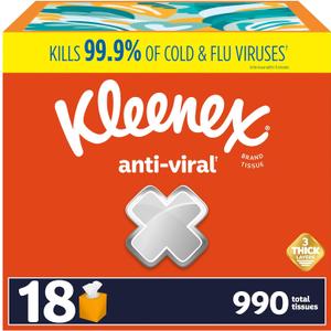 Kleenex Anti-Viral Facial Tissues, Classroom or Office Tissue, 18 Cube Boxes, 55 Tissues per Box, 3-Ply (990 Total Tissues) (White)