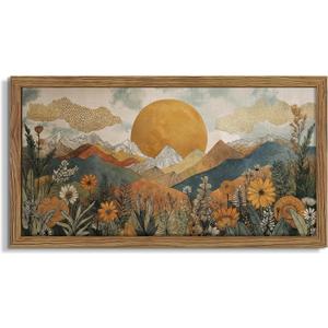 Framed Boho Landscape Large Wall Art, Abstract Sun Mountain Canvas Wall Decor Painting, Modern Floral Botanical Aesthetic Poster Print Picture for Living Room Bedroom Home Office 24x48 Inch
